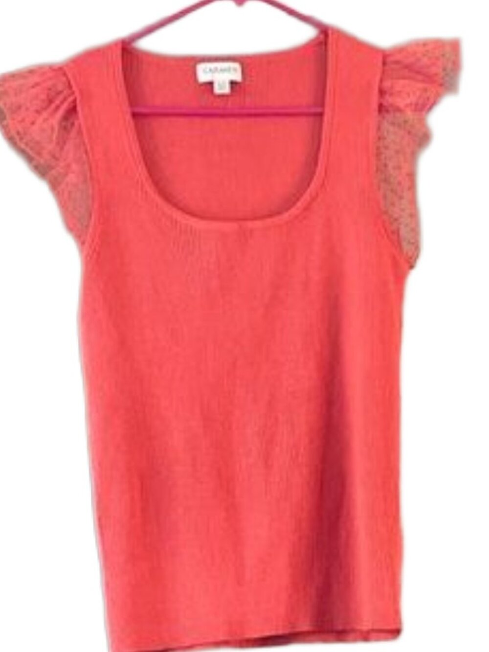 Carmen XL Coral-Pink Ribbed Top with Sheer Polka-Dot Ruffle Sleeves